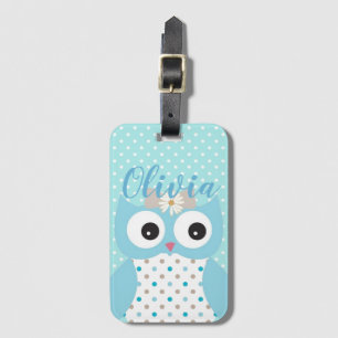 Cute Dotty Blue Owl Art Personalised Girls Luggage Tag