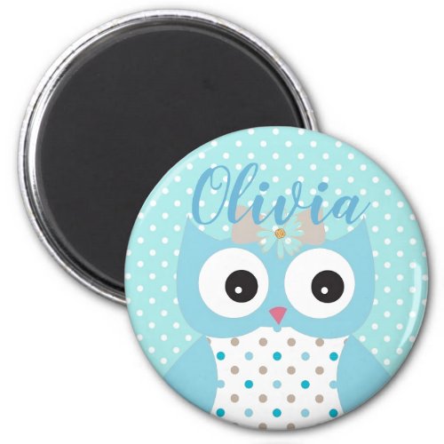 Cute Dotty Blue Owl Art Personalised Girls Magnet