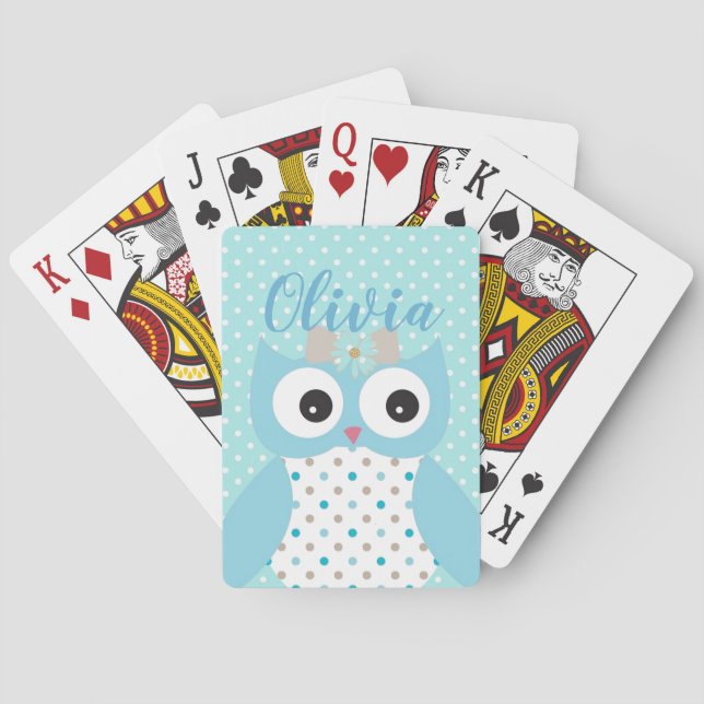 Cute Dotty Blue Owl Art Personalised Girls Poker Cards (Back)