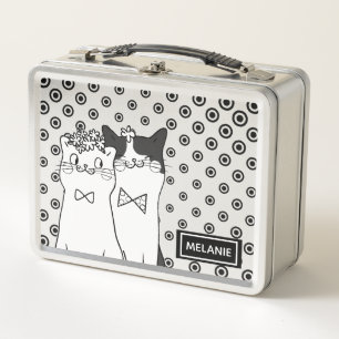 Cute Dotty Cats in Love Personalised Metal Lunch Box