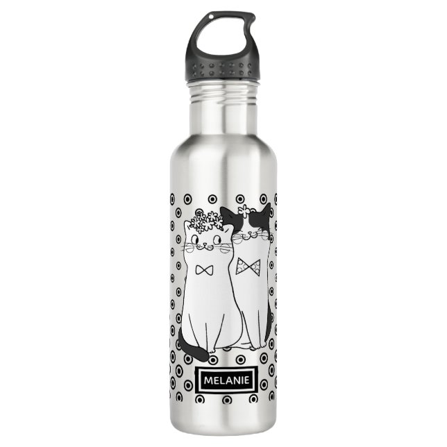Cute Dotty Cats in Love Personalised Stainless Steel Water Bottle (Front)