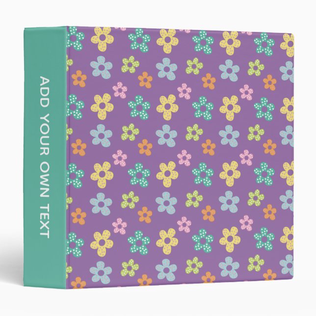 Cute Dotty Flower Pattern Purple Custom Text 3 Ring Binder (Front/Spine)