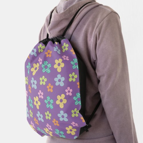 Cute Dotty Flower Pattern Purple Drawstring Bag