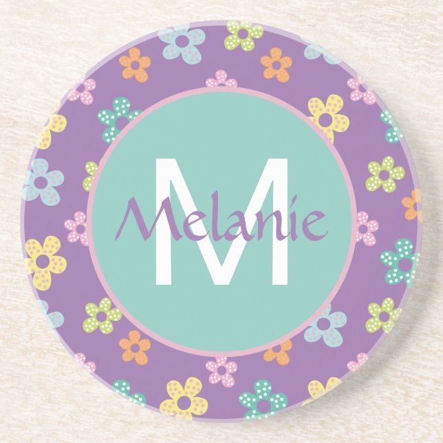 Cute Dotty Flower Pattern Purple Personalised Coaster (Front)