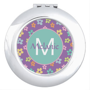 Cute Dotty Flower Pattern Purple Personalised Compact Mirror