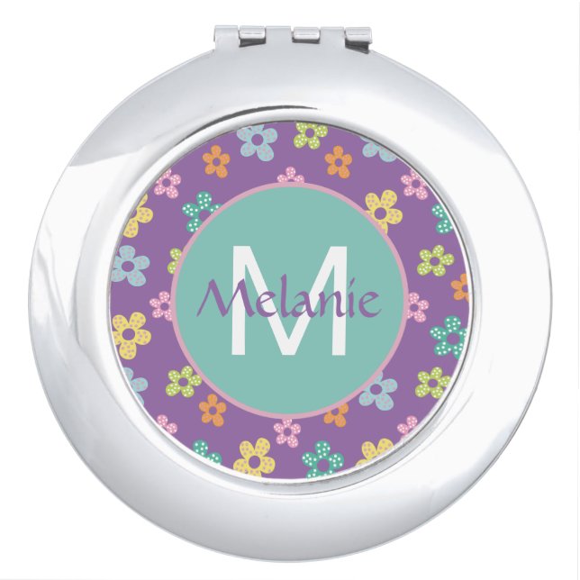 Cute Dotty Flower Pattern Purple Personalised Compact Mirror (Front)