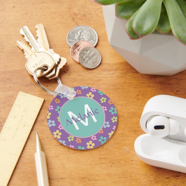 Cute Dotty Flower Pattern Purple Personalised Keychain (Desk)