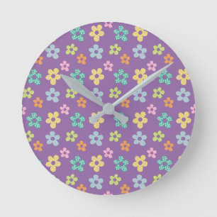 Cute Dotty Flower Pattern Purple Round Clock
