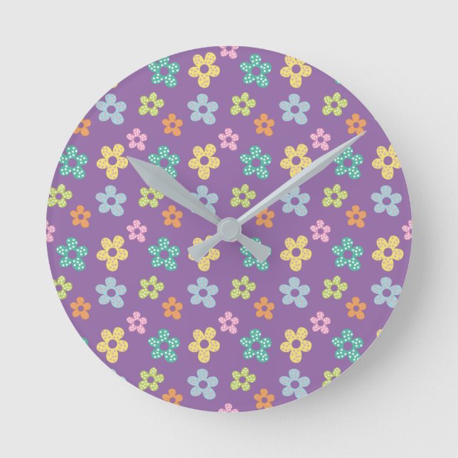 Cute Dotty Flower Pattern Purple Round Clock (Front)