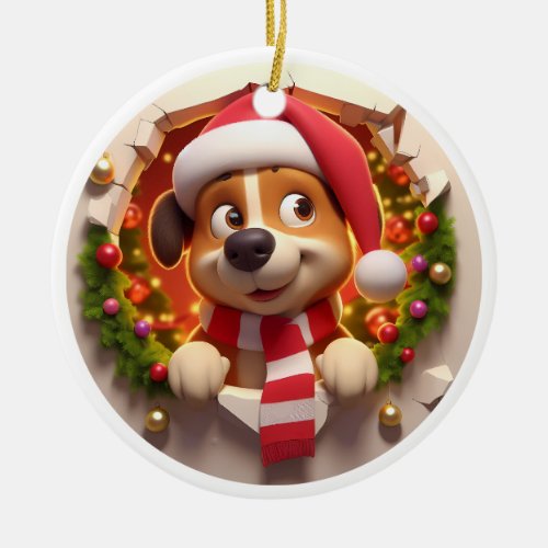 Cute Double Sided Dog Busting Through  Ceramic Ornament