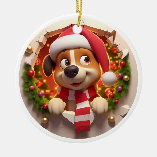Cute Double Sided Dog Busting Through  Ceramic Ornament (Front)
