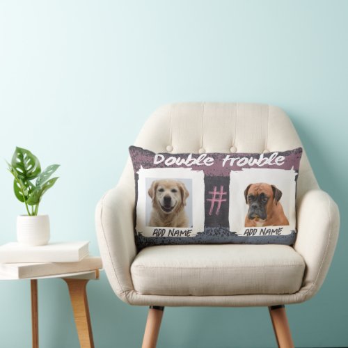 Cute Double Trouble Chalkboard two photo of dogs  Lumbar Pillow