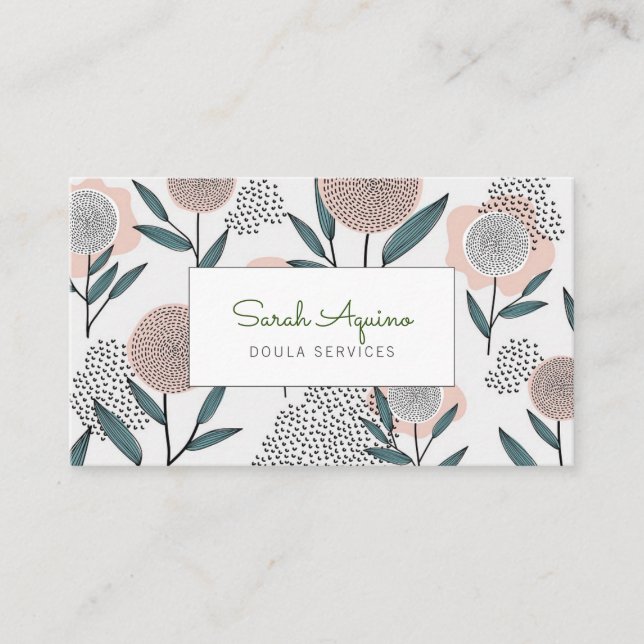 Cute Doula Hand Drawn Floral Pattern Discount Card (Front)