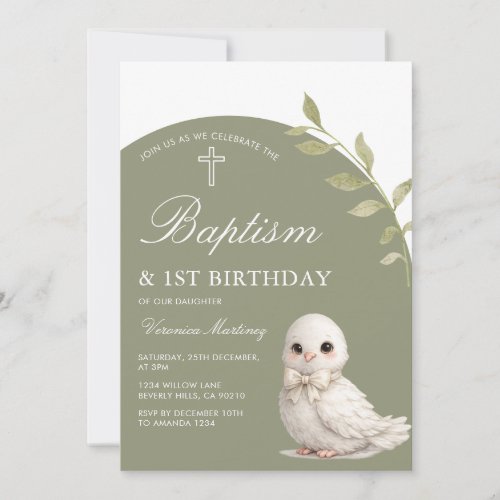Cute Dove Baptism & 1st Birthday Sage Green Floral Invitation