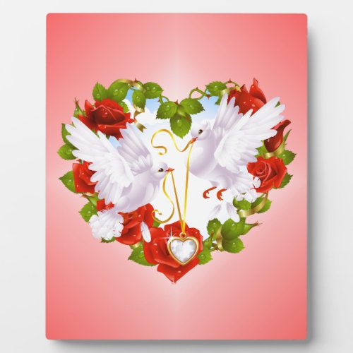 Cute Doves Red Roses Heart Plaque