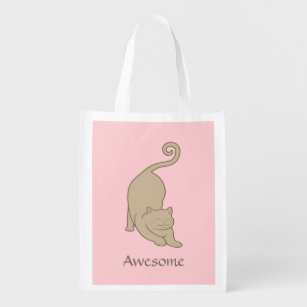 Cute downward cat yoga & calligraphy on pink grocery bag