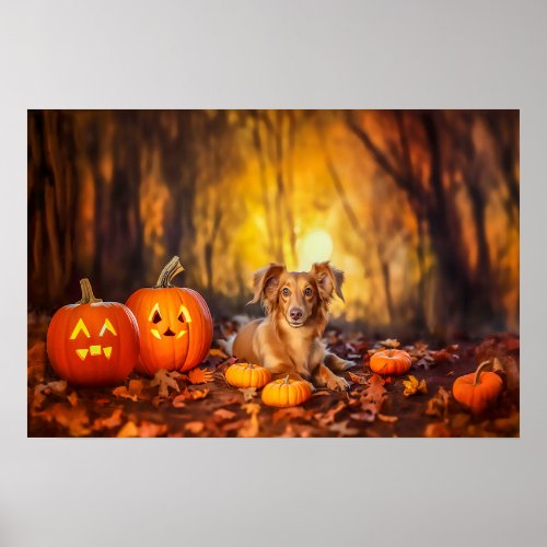 Cute Doxie Pin Halloween forest celebration Poster