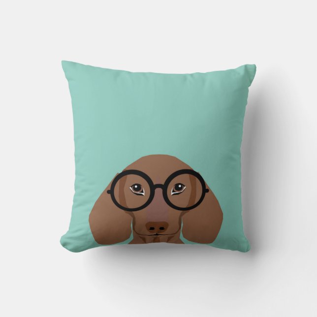 Cute Doxie with Hipster Fashion Glasses - Daschund Throw Pillow (Front)