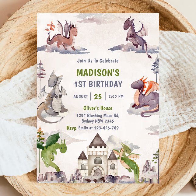 Cute Dragon 1st Birthday Party Invitation (Creator Uploaded)