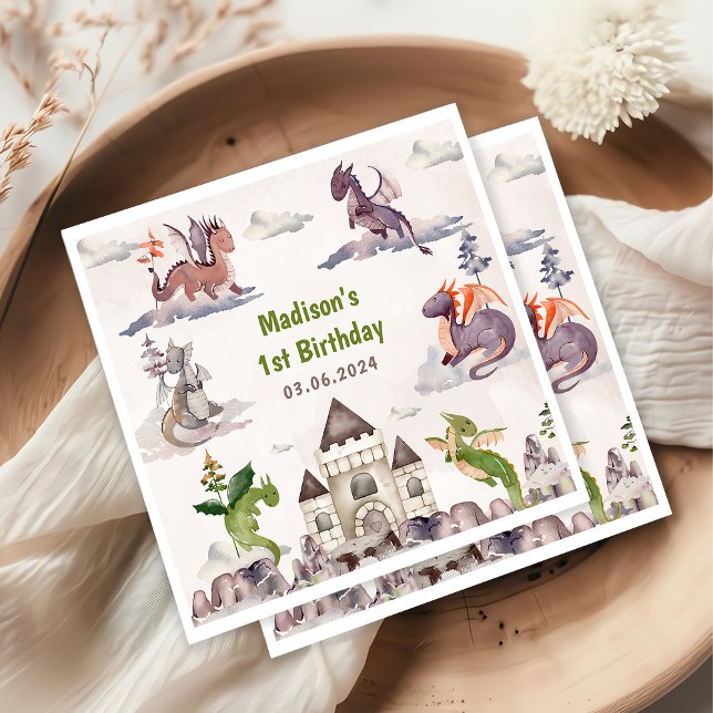 Cute Dragon 1st Birthday Party Napkins (Creator Uploaded)