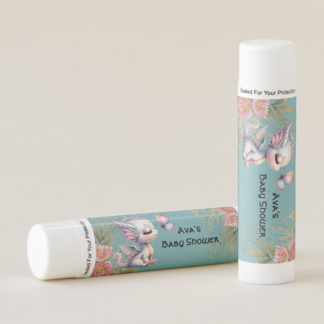 Cute Dragon and Butterfly Girl Baby Shower Lip Balm (Front)