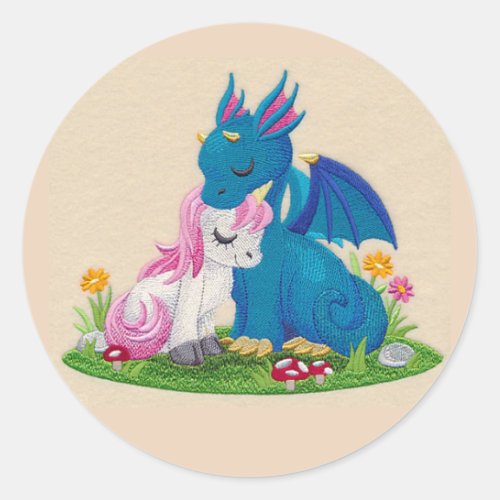 Cute Dragon and Unicorn In Love Classic Round Sticker