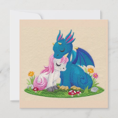 Cute Dragon and Unicorn In Love Holiday Card