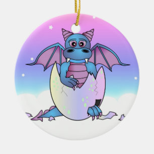 Cute Dragon Baby in Cracked Egg - Blue / Purple Ceramic Ornament