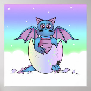 Cute Dragon Baby in Cracked Egg - Blue / Purple Poster