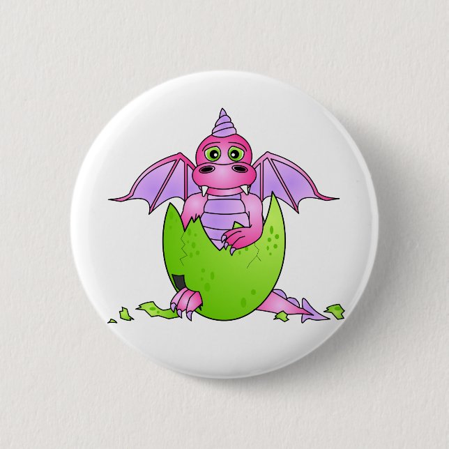Cute Dragon Baby in Cracked Egg - Pink / Purple Pinback Button (Front)