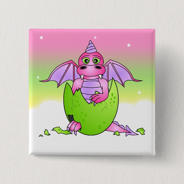 Cute Dragon Baby in Cracked Egg - Pink / Purple Pinback Button (Front)