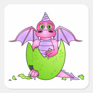 Cute Dragon Baby in Cracked Egg - Pink / Purple Square Sticker