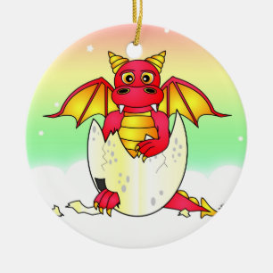 Cute Dragon Baby in Cracked Egg - Red / Yellow Ceramic Ornament