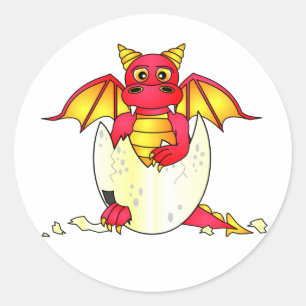 Cute Dragon Baby in Cracked Egg - Red / Yellow Classic Round Sticker
