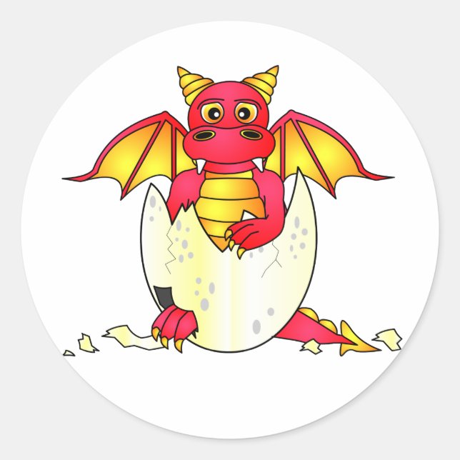 Cute Dragon Baby in Cracked Egg - Red / Yellow Classic Round Sticker (Front)