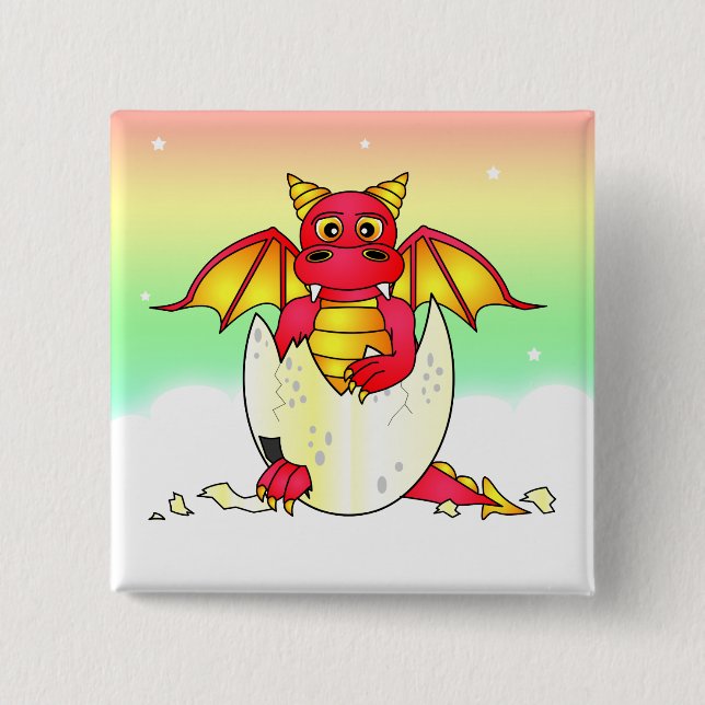 Cute Dragon Baby in Cracked Egg - Red / Yellow Pinback Button (Front)