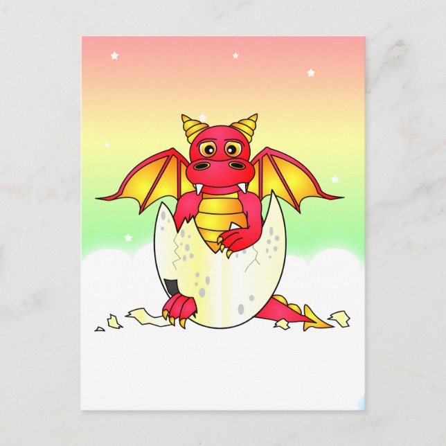 Cute Dragon Baby in Cracked Egg - Red / Yellow Postcard (Front)