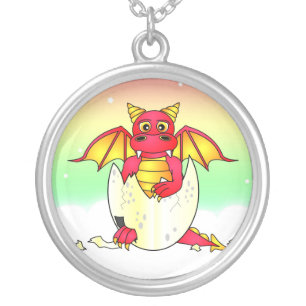 Cute Dragon Baby in Cracked Egg - Red / Yellow Silver Plated Necklace