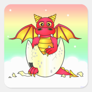 Cute Dragon Baby in Cracked Egg - Red / Yellow Square Sticker