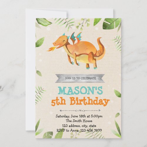 Cute dragon birthday party invitation