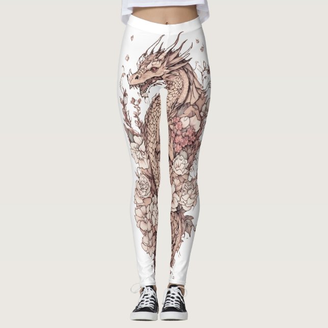 "Cute Dragon Blooms: Floral Tattoo Leggings" Leggings (Front)