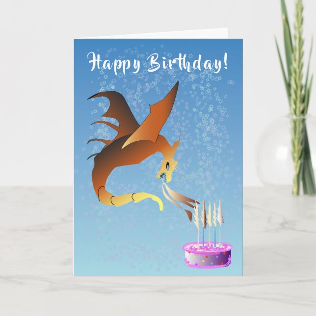 Cute dragon blowing birthday candles pink cake card (Front)
