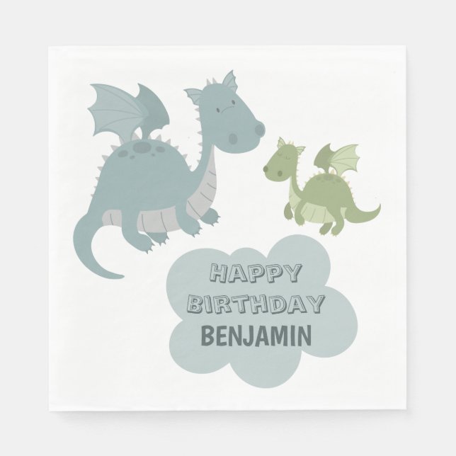 Cute Dragon Blue Green Personalized Name Birthday  Napkins (Front)