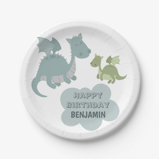 Cute Dragon Blue Green Personalized Name Birthday Paper Plates (Front)