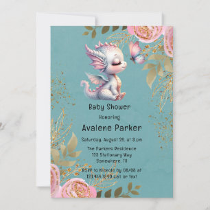 Cute Dragon & Butterfly Girl Baby Shower Invitation