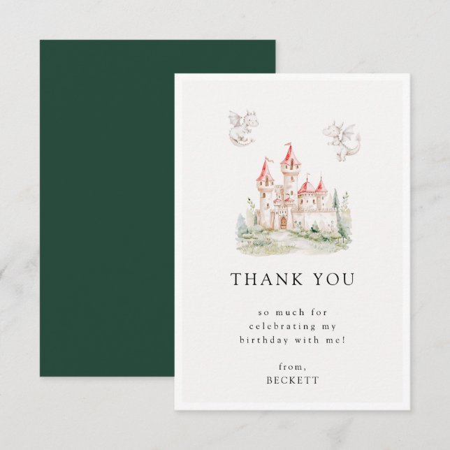 Cute Dragon Castle Theme Birthday Party Thank You Card (Front/Back)