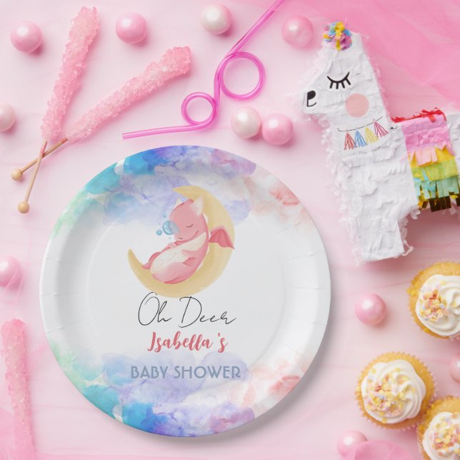 Cute dragon dinosaur rainbow Balloon baby shower Paper Plates (Party)
