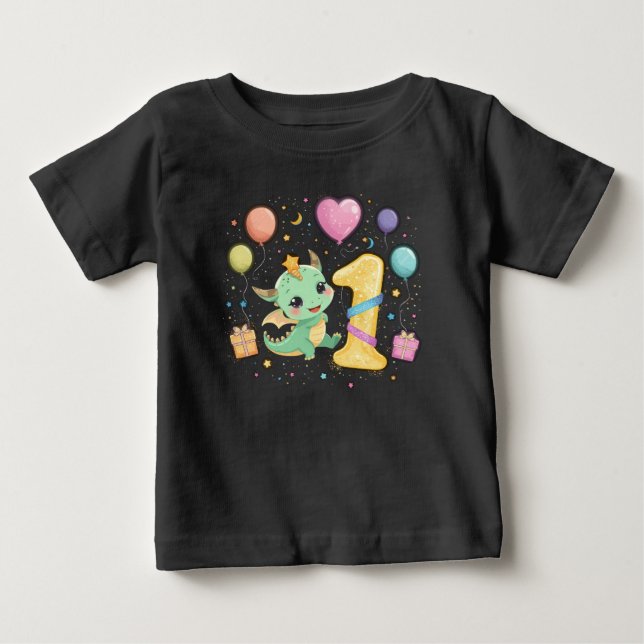 Cute Dragon First Birthday Celebration Boy Theme Baby T-Shirt (Front)