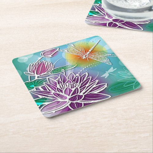 Cute Dragon Fly Pretty Summer Colors Modern Floral Square Paper Coaster