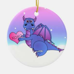 Cute Dragon Flying Loves You - Blue / Purple Ceramic Ornament